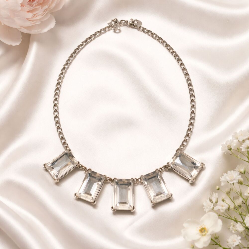 Express Gold Tone Clear Emerald Cut Rhinestone Statement Necklace